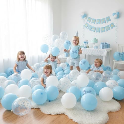 Image of Blue and White Balloons Set, 12 Inch Light Baby Blue White Clear Bow Latex Balloon for Wedding Bridal Engagement Bachelorette Baby Boy Shower Winter Princess Birthday Theme Party Decorations Supplies