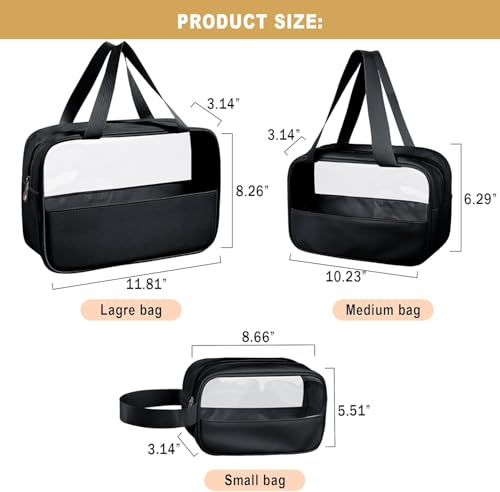 Image of KBS Toiletry Kit Cosmetic Makeup Storage Organizer Clear Styilish Wash Bag Pouch Set of 3 for Travel Luggage Transparent with Metal Zipper Gift for Men Women Girls (Black)