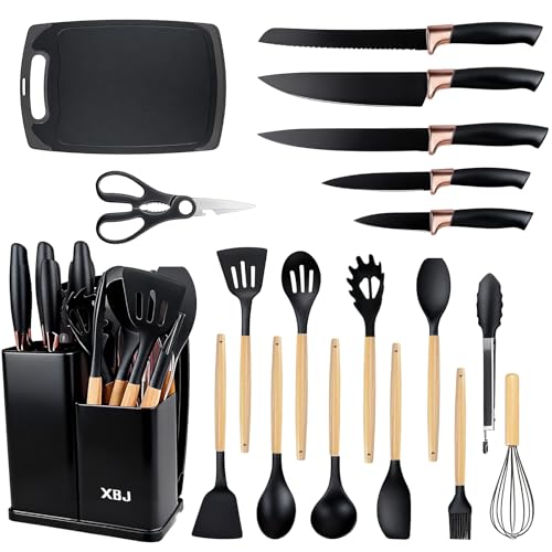 XBJ 19 PCS Silicone Kitchen Utensils Set Non-Stick Cooking Utensils with Knife Set and Holder and Cutting Board, Heat Resistant, Dishwasher Safe, Gift For Cooking/Baking/Women/Family (Black)