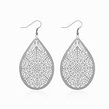 Seakuur Leaf Chic Teardrop Dangle Earrings for Women Delicate Boho Lightweight Filigree Statement Earrings Trendy (Silver)