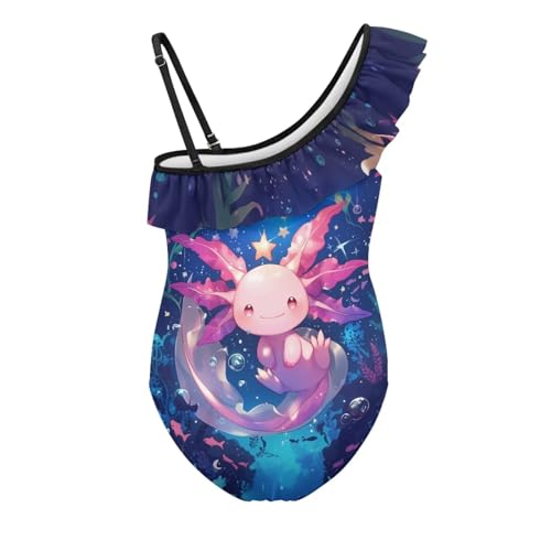 Image of WELLFLYHOM Axolotl Girls One Piece Swimsuits 3-14 Ruffle One Shoulder Bathing Suits Full Coverage Beachwear