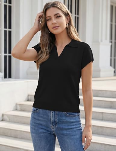 LaGracia Sweaters for Women Short Sleeve Cropped Sweater Business Casual Polo Sweaters Lightweight Wool Blend Crop Tops Spring Summer Outfits Black 2XL — view 2