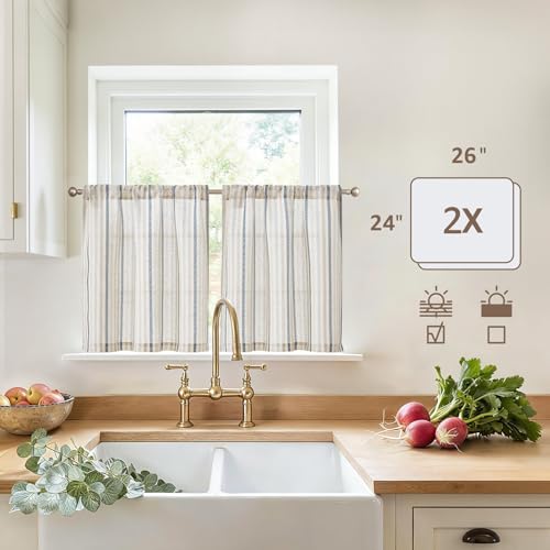 jinchan Colorful Striped Linen Kitchen Curtains 24 Inch Tier Curtains Farmhouse Modern Cafe Small Window Treatments Light Filtering Rod Pocket for Living Room Bathroom 2 Panels Multi Blue by jinchan - Image 5