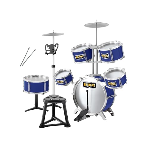 Juego de batería para niños Baroni Toys, batería de juguete completa con tambores y platos, juego musical educativo, +3 años (8 piezas con taburete azul)