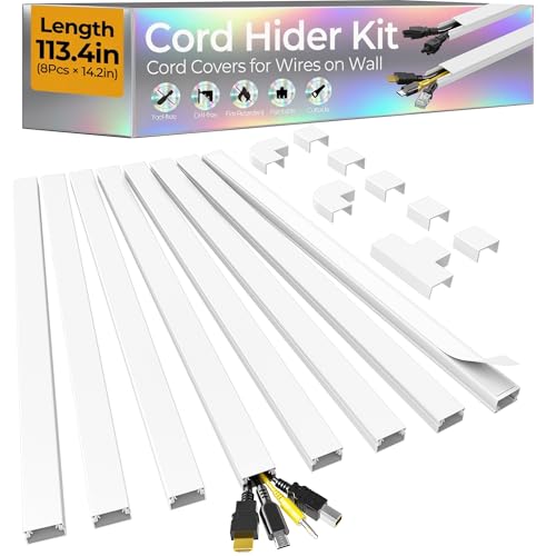 113.4in Cord Hider Kit Cord Covers for 2-4 Wires on Wall Self-Adhesive Cable Hider Wire Covers for Cords on Wall Paintable Cord Hider for Walls Mount Tv Cable Cover Raceway W0.95 H0.55in White