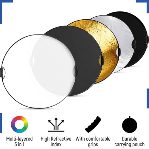 Image of ZIBUYU 5 in 1 Collapsible Reflectors for Photography with Bag, 80cm Dia Double Sided, Light Diffuser with Gold, Silver, White, Black & Translucent Panels for Studio & Outdoor Photography