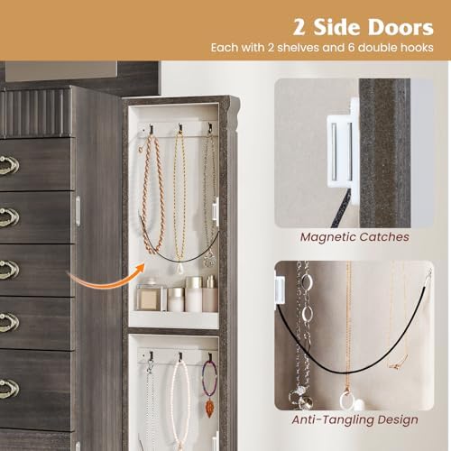 DREAMADE Jewelry Armoire, Standing Jewelry Box w/Mirror & 7 Drawers, Grey — view 3
