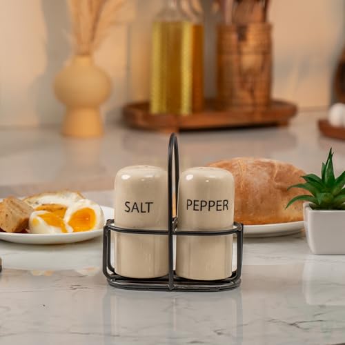 Image of Ivory & Iron Salt & Pepper Set - Ceramic Shakers with Metal Stand - Minimal Tabletop Essentials for Everyday Dining