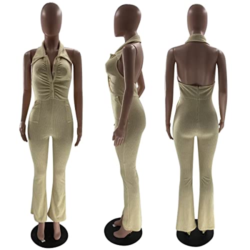 Women's Elegant Sleeveless Halter Button Bodycon Sexy Backless Ruched Wide Leg Flared Jumpsuits With Pockets Beige L #TOP3