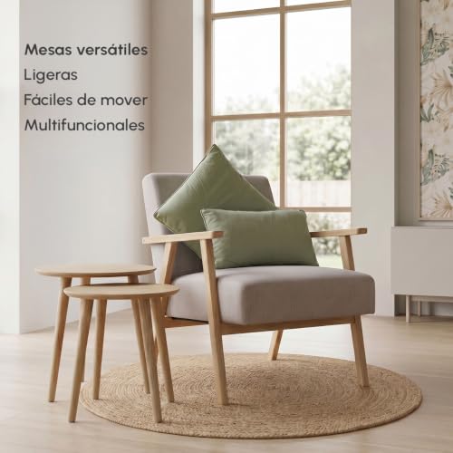Miniatura 4 de Lolahome Set De 2 Mesitas Nido Auxiliares Redondas Laminadas En Tono Natural De 48 Y 40 Cm De Diámetro Para Salón O Despacho