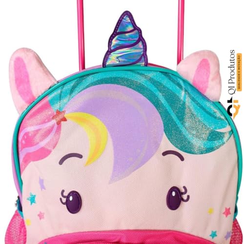 Mochila Infantil Com Rodinhas Unicórnio Rosa Grande Reforçada Ideal Para Escola Viagem Resistente E