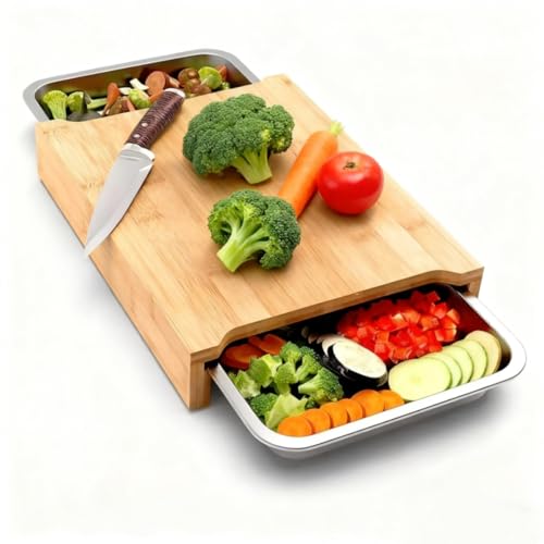 Tabla de cortar de bambú con bandejas colectoras de acero inoxidable 304, tabla de trinchar para servir cuencos de cocina, juego de utensilios de cocina ideal para la cocina, tabla de madera de cocina