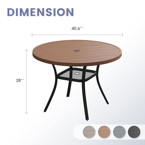 Image of VICLLAX 40.6 inch Round Patio Table, Outdoor Dining Table for 4 with Umbrella Hole for Garden Lawn Deck Backyard, Walnut
