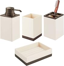 mDesign Square Plastic Bathroom Vanity Countertop Accessory Set - Includes Soap Dispenser Pump, Divided Toothbrush Holder, Tumbler Rinsing Cup, Soap Dish - 4 Pieces - Cream/Bronze
