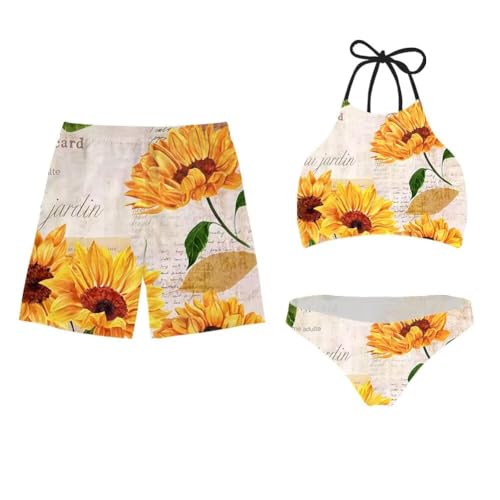 Jeiento Yellow Sunflower Matching Swimsuits for Couples Honeymoon Vintage Style Two Piece Bikini Sets for Women High Waisted Bikini Push Up Swimsuit Halter Wrap Thong Bathing Suit-XL