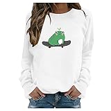 LLOTODO Sudadera de manga larga para mujer, cuello redondo, con estampado de rana, para otoño, casual, para todo el partido, D-blanco, 42