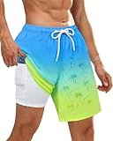 Resiprolty Color Changing Swim Shorts Mens Swim Trunks with Compression Liner Quick Dry Bathing Suits 7 Inch Inseam Men's Board Swimsuit Swimwear Blue Yellow