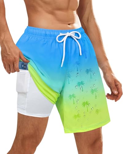 Color Changing Swim Shorts Mens Swim Trunks with Compression Liner 7 Inch Inseam Quick Dry Bathing Suits