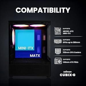Zalman CUBIX-G Micro-ATX MATX Compact Mini Tower Gaming PC Case, Black | Includes 3x 120mm FRGB Fans, Panoramic View Tempered Glass Panels, USB Type-C, Up to 280mm GPU Support — photo 5 of 6