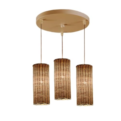 Lampe suspendue rustique en osier pour cuisine et salon à triple éclairage cylindrique