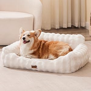Dog Couch Bed – Fluffy Dog Sofa, Large Orthopedic Pet Sofa Bed with Removable Washable Cover, Faux Fur Calming Cute Pet Couch with Supportive Egg Foam and Non-Slip Bottom, Ivory White