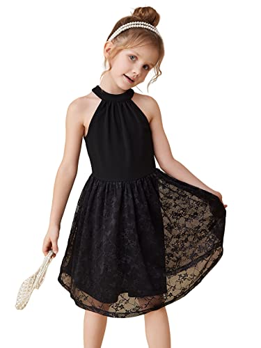 Wdirara Girl's Floral Halter Neck Sleeveless Mesh Flared Hem Summer A Line Dress Black 10Y #TOP14