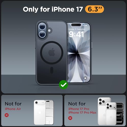 Image of Miracase Magnetic for iPhone 17 Case (Compatible with MagSafe) with Screen Protector Military-Grade Protection, Anti-Fingerprint Translucent Matte Phone Cover for iPhone 17 6.3 inch, Black