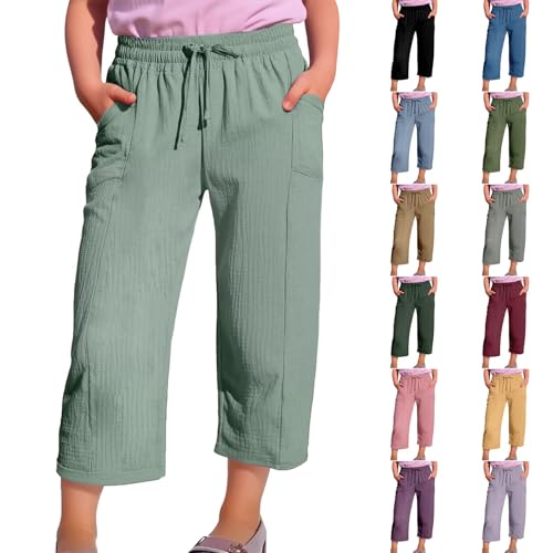 Girls Drawstring Wide Leg Cropped Pants Casual Baggy Trousers Textured Comfortable Pants Cotton Linen Sweatpants