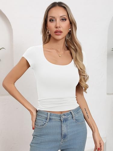 Missufe Women's Scoop Neck Short Sleeve Ribbed Knit Slim Fit Casual Basic T Shirt Crop Top 2025 Trendy Outfits2