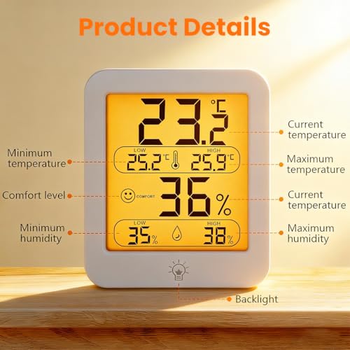 Image of HASTHIP Magnetic Digital Temperature Meter and Humidity Meter, Indoor Thermometer Hygrometer Monitor with LCD Backlight, Small Thermo-hygrometer Sensor for Room