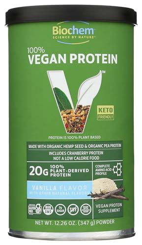 Biochem 100% Vegan Protein - Vanilla Flavor - 11.4 Ounce - Easily Digestible - Amino Acid - Cranberry - Hemp Seed - Pea Protein - Refreshing Taste - Supports Healthy Immune System.