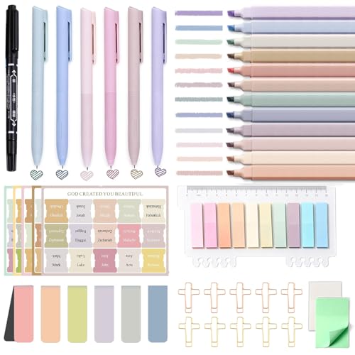 Bible Study Supplies Kit 43 Pcs for Women & Men Bible Journaling Set with No Bleed Highlighters Pens Bible Tabs Bookmarks Cross Paper Clips & Transparent Sticky Notes