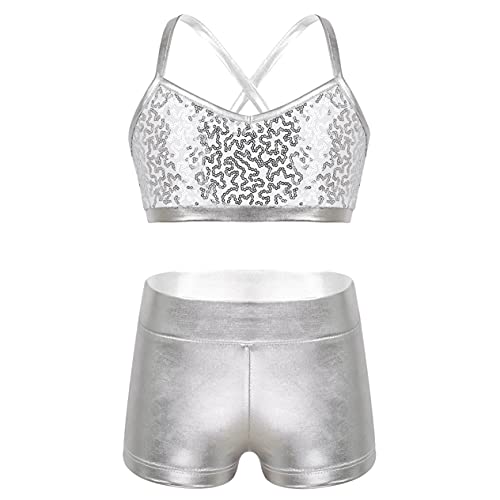 Kids Girls 2-Piece Sports Dance Outfits Crop Tops with Booty Shorts Gymnastics Workout Activewear Set