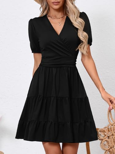 Image of Women's Casual Summer Dress V Neck Short Sleeve Flowy Stretchy Comfort Fit for Daily Wear Work Midi Dresses