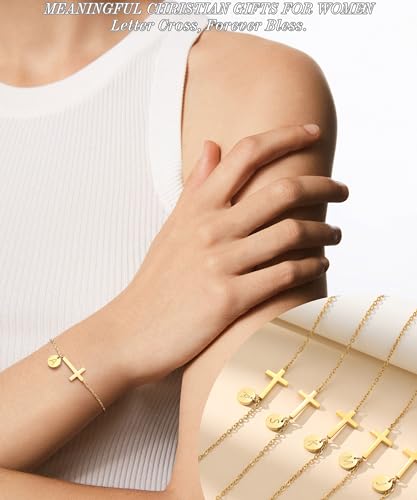 Cross Bracelet for Women, Easter Basket Stuffers for Teens Gold Initial Bracelets for Teen Christian Gifts for Women Dainty Religious Baptism Religious Confirmation Communion Faith Jewelry