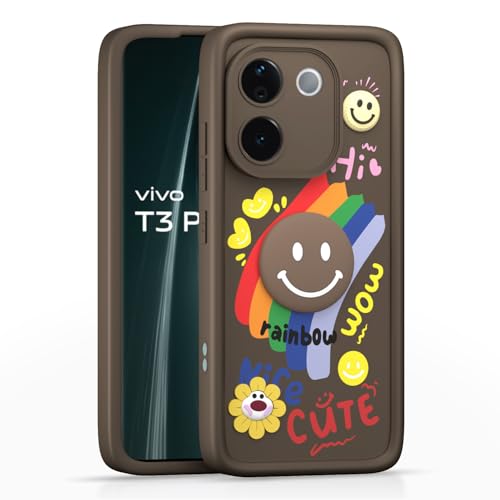 Image of Pikkme Back Cover for Vivo T3 Pro 5G / iQOO Z9s Pro 5G | Soft Silicone| Cute Rainbow Smile & 3D Cartoon Flower Design | Shockproof Raised Camera Protection Bumper Case (Brown)