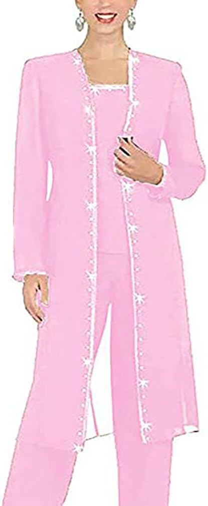 Leader of the Beauty 3 Piece Chiffon Beaded Pant Suits Mother of The Bride Pant Suits with Long Jacket for Women Formal 20 Pink