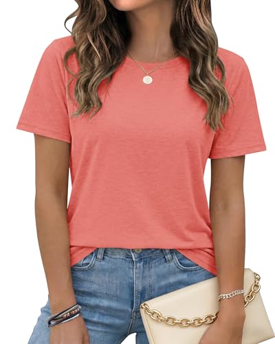 WNEEDU Womens T Shirts Short Sleeve Crewneck Loose Summer Tees Basic Tops(Coral,L)