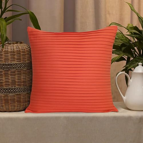Image of HOME COLORS.IN Cotton Plain Double Side Pleated Cushion Cover - Set of 2-18 x 18 Inch - Outrageous Orange