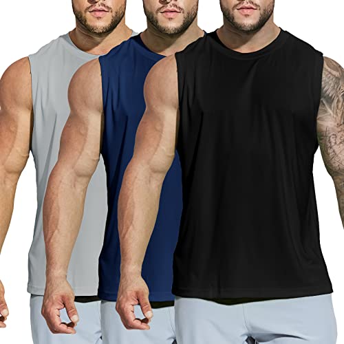 MIER 3-Pack Dry Fit Sleeveless Shirts for Men, Black/Navy/Light Grey, S