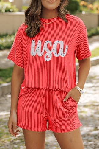 Image of Womens Pajama Sets 2 Piece Pjs Sleepwear Soft Comfy Short Sleeve Tops and Shorts Lounge Set Loungewear Outfit