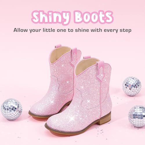 Image of Motasha Toddler Girls Cowgirl Boots Glitter Toddler Cowboy Boot Ankle Girls Boots Little Kids Horse Riding Shoes Party Birthday