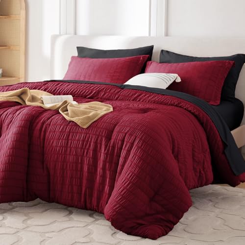 Image of MUXHOMO 7 Pieces Oversized King Comforter Set, Seersucker Bed in a Bag Oversized King Size, All Season Luxury Bedding Set with Comforter, Flat Sheet, Fitted Sheet, Pillowcases & Shams, Red & Black