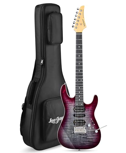 Leo Jaymz SW Electric Guitar Flame Maple Top Synthetic Ebony Fingerboard 304 Stainless Steel Frets 12-16 Compound Radius Alnico 5 Pickups Small Double Locking Tremolo (Black faded Purple)