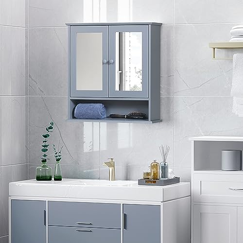 kleankin Armoire Murale étagère Salle de Bain 56L x 13l x 58H cm Double Porte Miroir étagère...