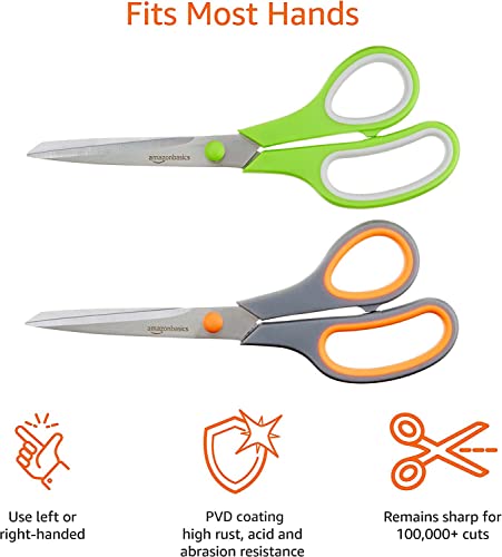 Amazon Basics Multipurpose, Comfort Grip, Pvd Coated, Stainless Steel Office Scissors, 2-Pack, Green And Gray #TOP3