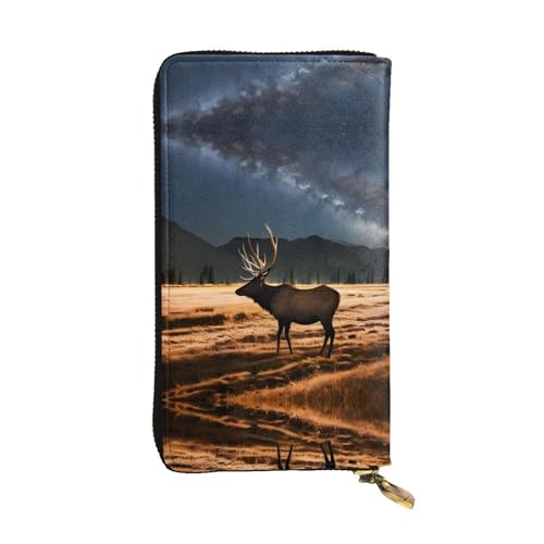 Elk in the meadow Leather Long Wallet, 12 Credit Card Slots, 3 Cash Slots, Coin Compartment, Unisex