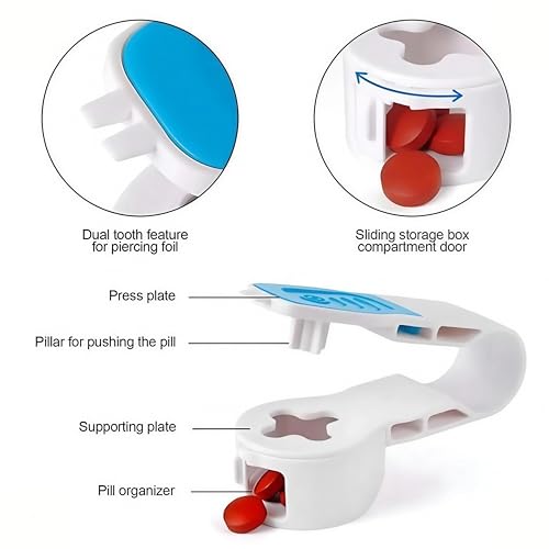 Image of 2nd Generation Pill Extractor Tool with Storage Compartment, Medicine Blister Pack Remover, Dual Tooth Design for Foil Piercing, Built-in Organizer Box,(Blue 1 pcs)