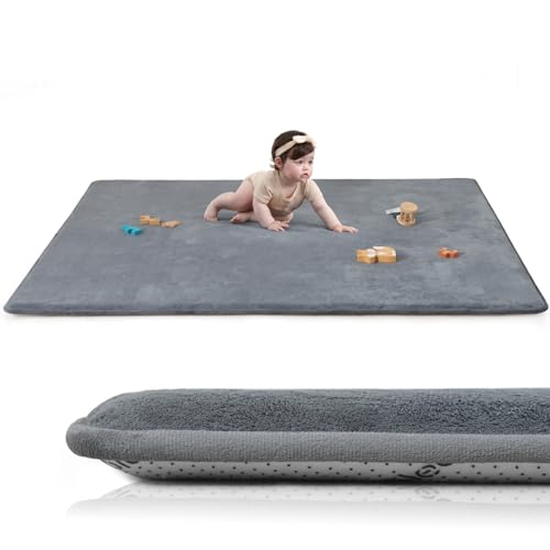Image of Huloo Sleep Baby Play Mat for Floor,1.3" Thick Elasti-Foam 50"×74" Playpen Mat for Tummy Time,Water Repellent Soft Coral Velvet for Toddler,Infant,Kids,Non-Slip Backing Safe for Crawling(Dark Grey)