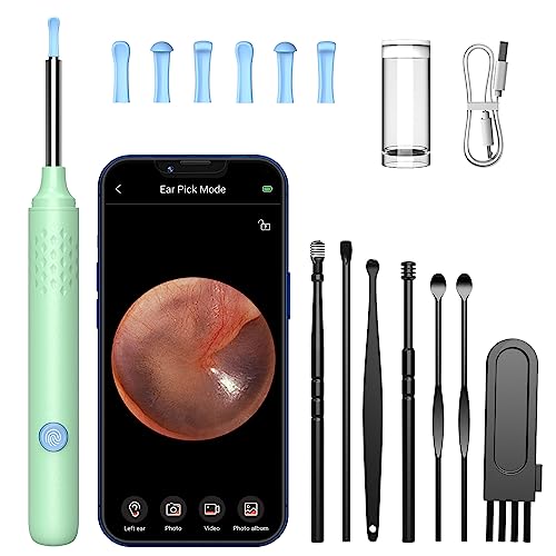 Image of Ear Wax Removal, Ear Cleaner with 7 Pcs Ear Set, Ear Wax Removal Tool Camera with 1080P Ear Otoscope & 6 LED Lights, Wireless Ear Pick for Ear Cleaning with 6 Ear Spoons Green